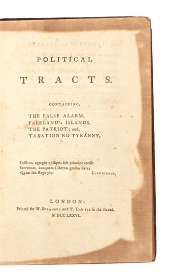 [JOHNSON, SAMUEL.]  Political Tracts. Containing, The False Alarm. Falklands Islands. The Patriot; and, Taxation No Tyranny.  1776